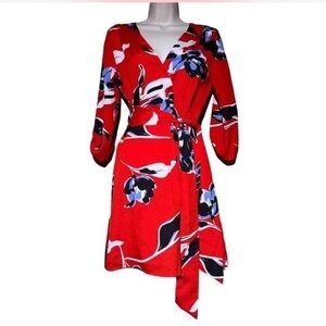 Yumi Kim Red Floral Faux Wrap Tie Waist Dress